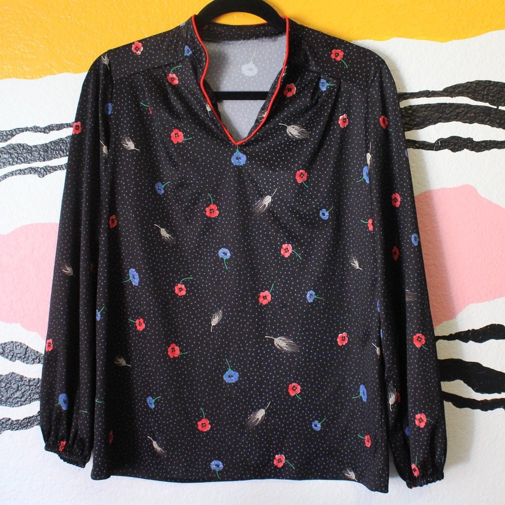 1970s Handmade Vintage Boho Hippie Disco Polyester Floral Long Sleeve Top